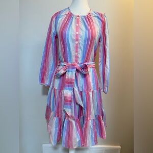 J.Crew Stripe Tie Waist Dress Pink Blue Ruffle Hem XXS Cottagecore